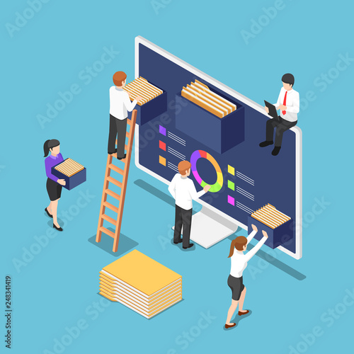 Isometric business people are organize document files and folders inside computer