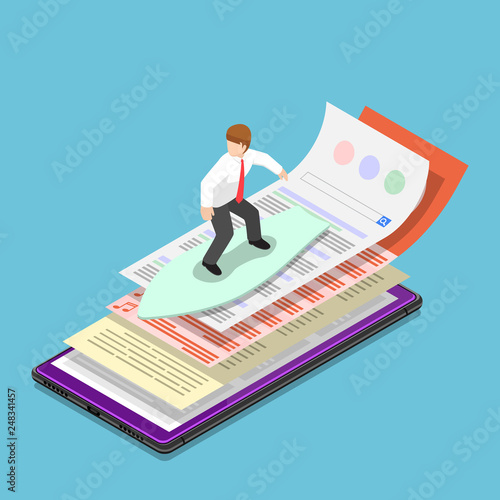 Isometric businessman surfing the web and internet on his smartphone