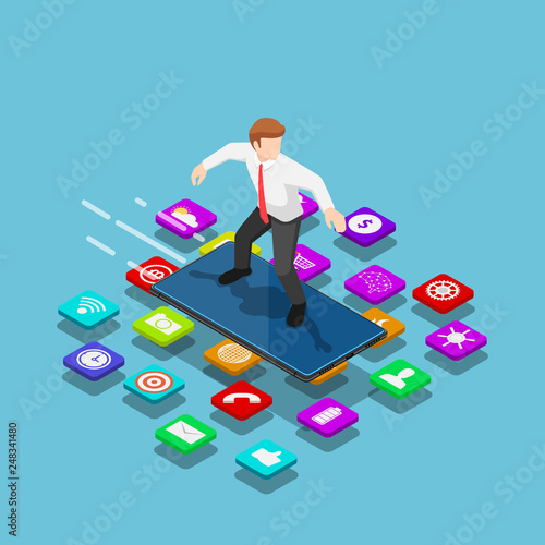 Isometric businessman use smartphone to surfing on the mobile application