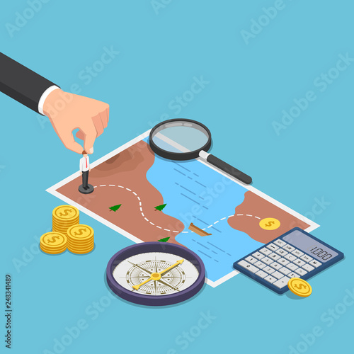 Isometric businessman planning the way to success on treasure map