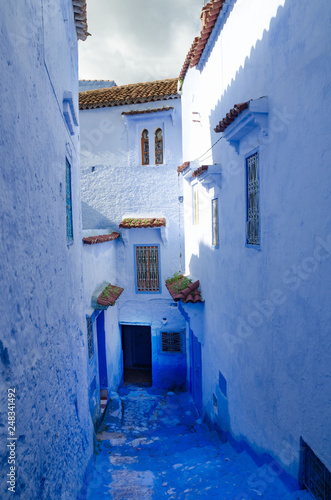 Morocco, Chefchaouen, blue city street, gate pots with flowers