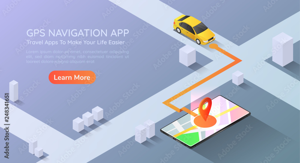 Isometric web banner car going to pin point at the gps map navigation  application on smartphone Stock Vector | Adobe Stock