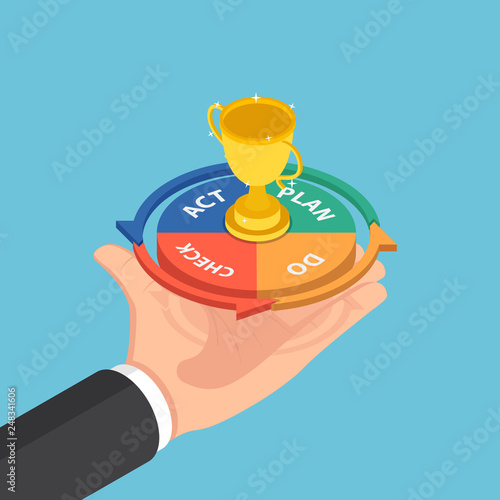 Isometric businessman hand holding plan do check act cycle with success trophy photo