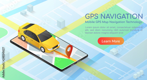 Isometric web banner car with gps map navigation application on smartphone