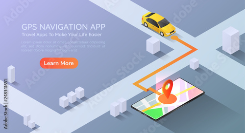 Isometric web banner car going to pin point at the gps map navigation application on smartphone