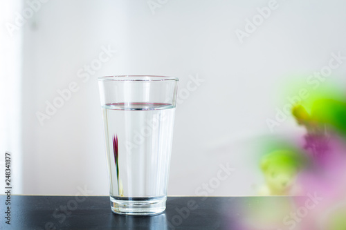 Glass of water on the table background