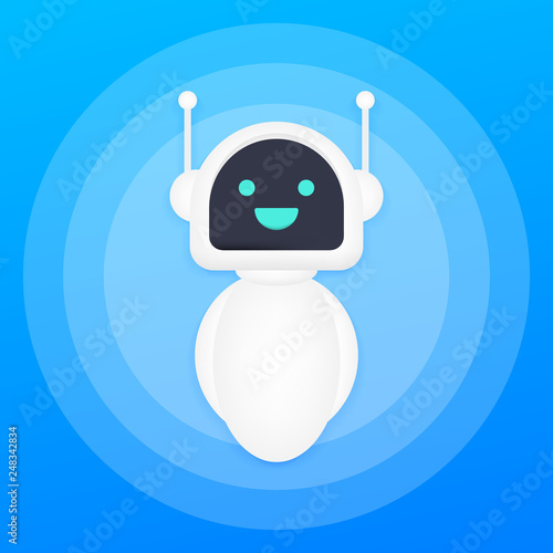 Cute smiling robot, chat bot say hi. Vector modern flat cartoon character illustration. Vector illustration.
