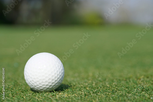 Close-up on a golf ball on a green grass