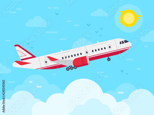 Airplane flying in sky. Jet plane fly in clouds, airplanes travel and vacation aircraft flat vector illustration