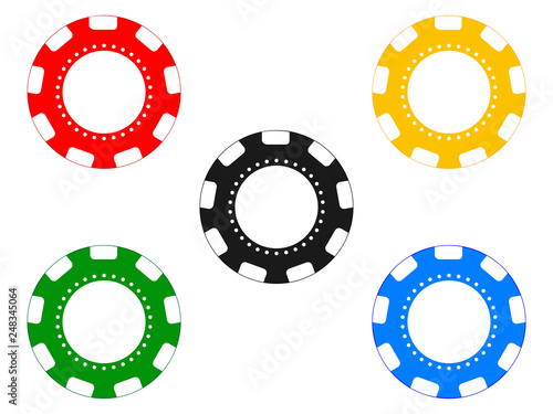 Red, blue, yellow, black and blue poker chips isolated on the white background