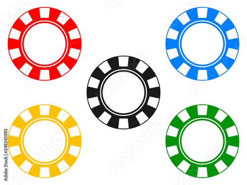 Red, blue, yellow, black and blue poker chips isolated on the white background