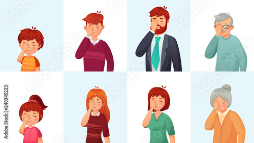 Facepalm gesture. Disappointed people embarrassed faces, hide face behind palm and shame gestures cartoon vector illustration