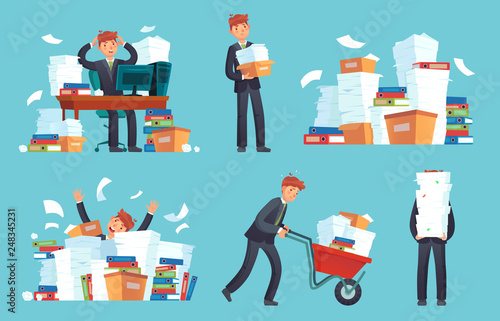 Unorganized office papers. Businessman overwhelmed work, messy paper documents pile and files stack cartoon vector illustration