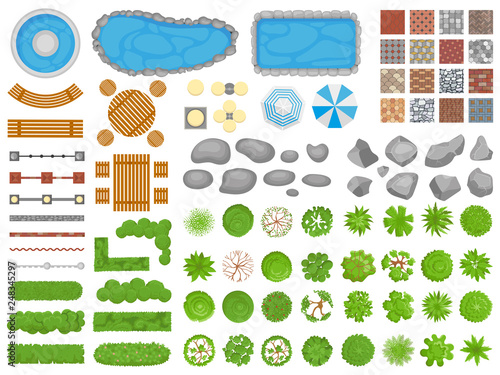 Top view park items. Garden walkway, outdoor relaxing parks furniture and gardens trees aerial isolated vector illustration set