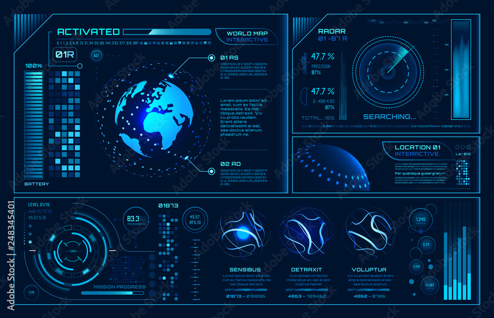 Futuristic hud interface. Future hologram ui infographic, interactive globe and cyber sky fi screen vector background illustration