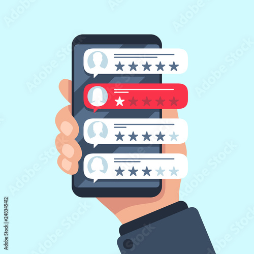 Rating review bubble. Reviewers texting on cellphone app, choice bad or good 5 star ratings. Flat vector illustration