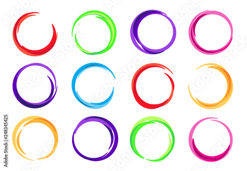 Color circles. Colorful round logo frame, circle swirl wave and vivid oval abstract swirling energy frames vector illustration set
