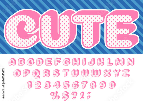 Girls font. Pink princess funny child letters and retro dotted texture alphabet baby girl dolls isolated vector set