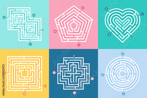 Maze entrance. Find right way, kids labyrinth game and choice mazes entrances letters vector illustration set photo