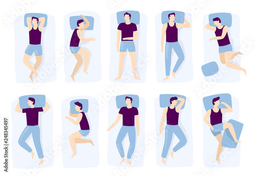 Man sleeping poses. Night sleep pose, asleep male positioning on bed and sleep position isolated vector illustration