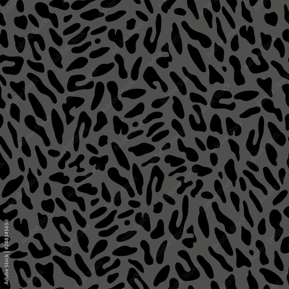 Seamless repeat heetah pattern design, vector illustration background drawn in shades of grey and black.