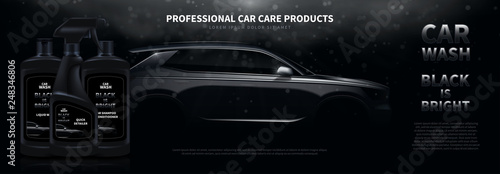 Сar wash products ads banner template. Vector illustration with shining silhouette of car on black background with light beams and effect bokeh. Bottles with different  washing products.