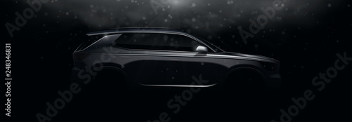 Realistic silhouette of crossover car. Vector illustration with side view on silhouettes of car isolated on black background with light beams and effect bokeh.