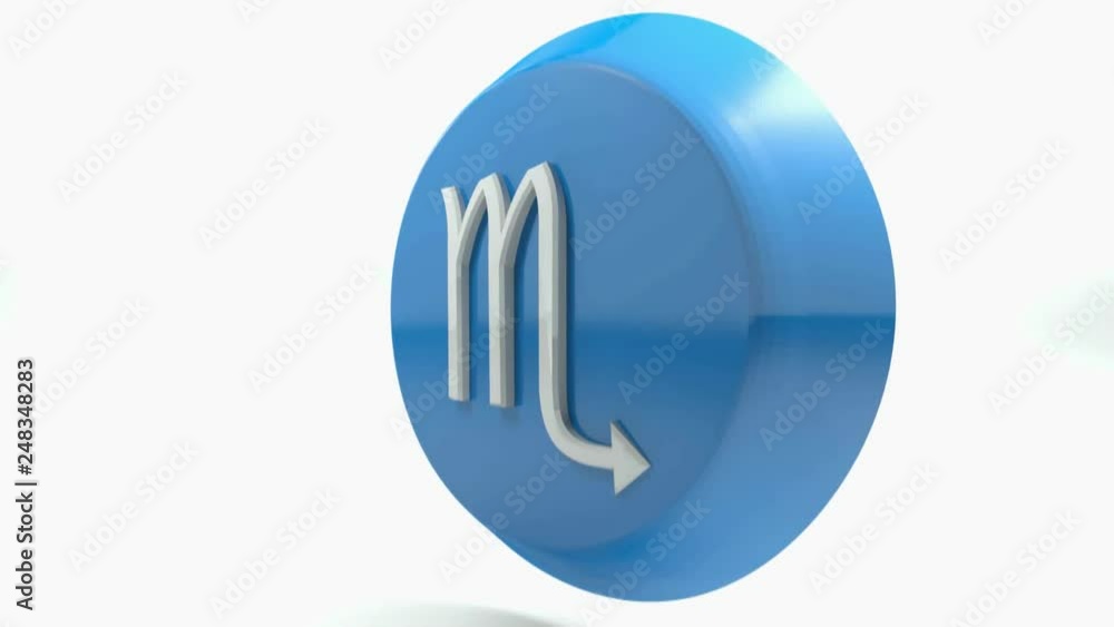 A blue circle push button with the icon of the zodiacal sign SCORPIO, isolated on white background - 3D rendering illustration A blue circle push button with the icon of the zodiacal sign SCORPIO, isolated on white background - 3D rendering illustration
