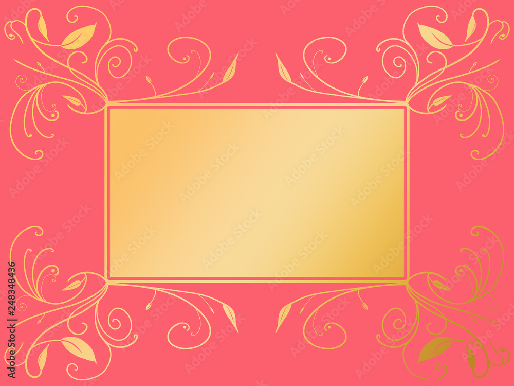 florales Ornament rechteck gold Textfeld auf coralle, pink Hintergrund