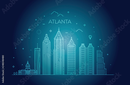 Atlanta architecture line skyline illustration. Linear vector cityscape with famous landmarks