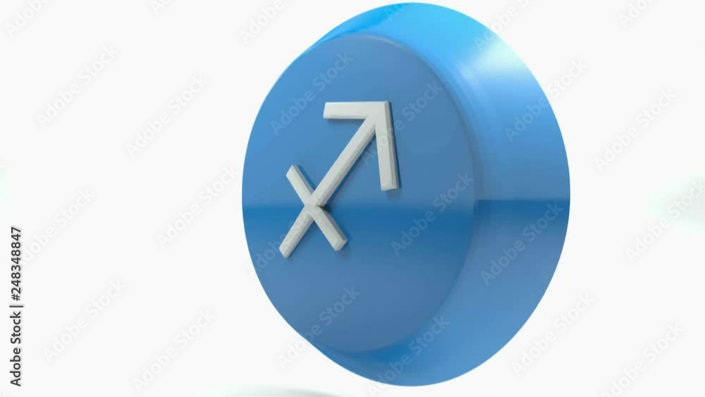A blue circle push button with the icon of the zodiacal sign SAGITTARIUS, isolated on white background - 3D rendering illustration A blue circle push button with the icon of the zodiacal sign SAGITTARIUS, isolated on white background - 3D rendering illustration