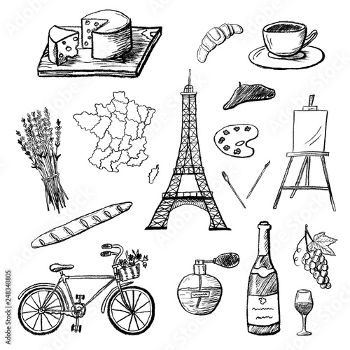 Set of hand drawn icons of French culture. Charcoal drawing of France map, champagne, Paris, etc. Black and white doodle vector illustration