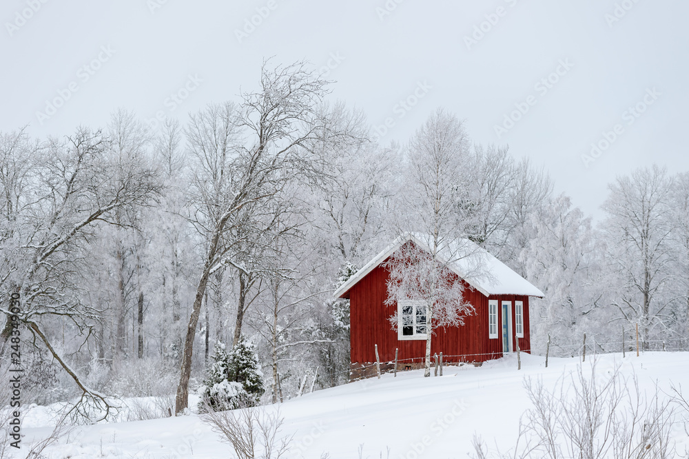 Barn in Scandinavian Winter Landscape Barn in Scandinavian Winter Landscape
