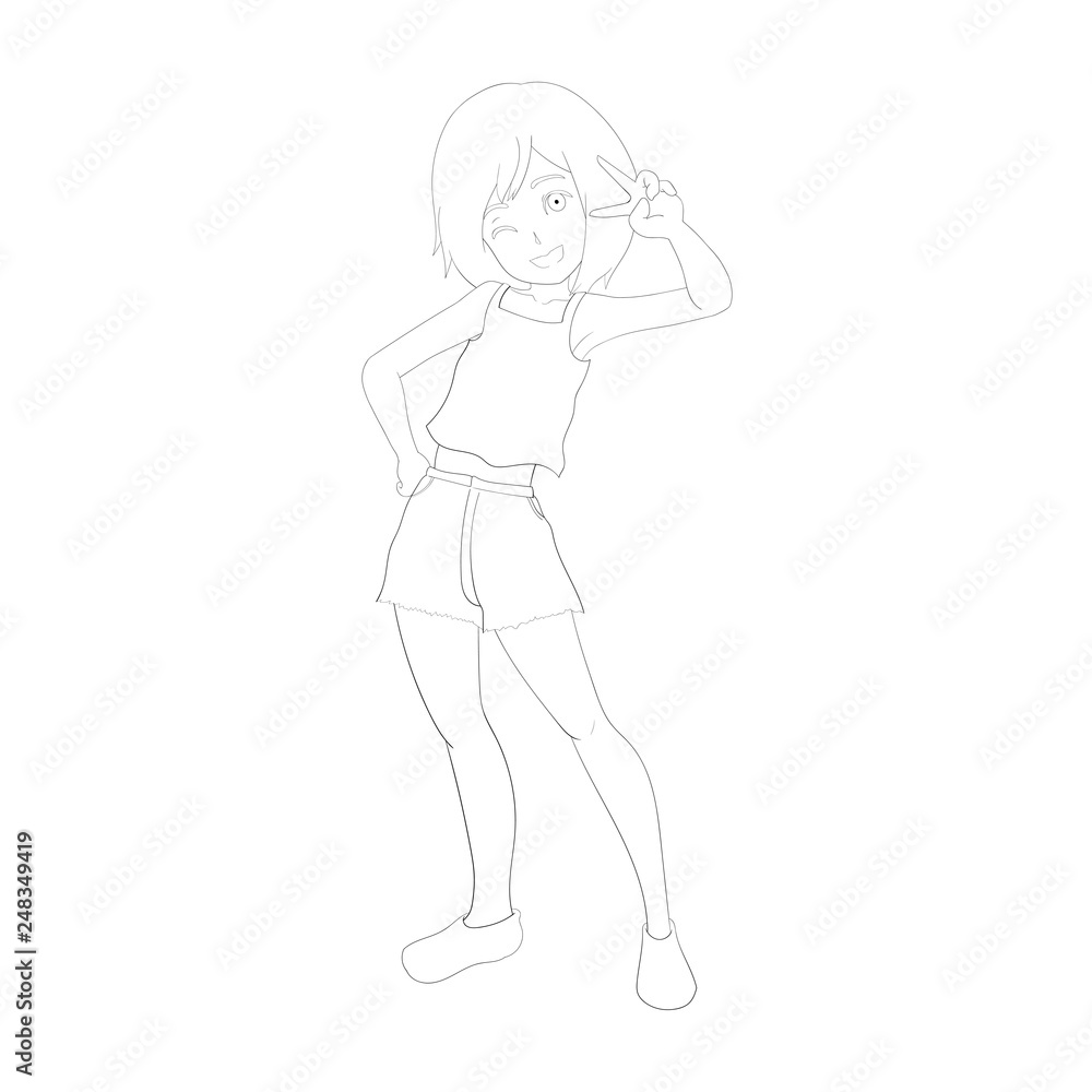 vector illustration of a cute girl in V-sign poses, line art