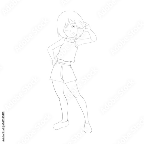 vector illustration of a cute girl in V-sign poses, line art