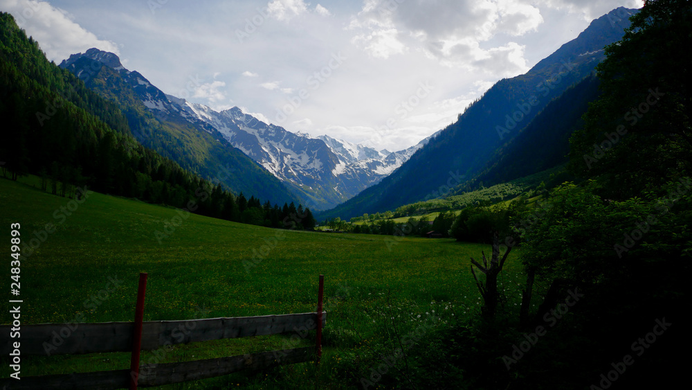 View of the green Gschnitztal, a valley in tirol, Austria.