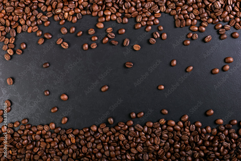 Aroma roasted coffee beans on rustic tabletop, brown banner background. Aroma roasted coffee beans on rustic tabletop, brown banner background.