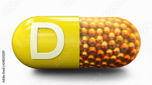 Vitamin D pilule, medicine and healthcare 3d illustration. Orange, yellow pill photo