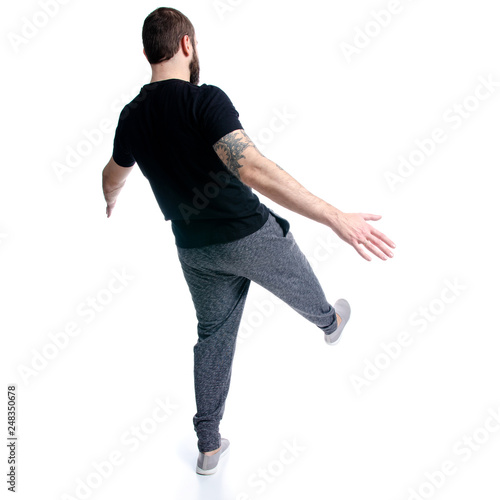 Man falls on white background isolation, back view