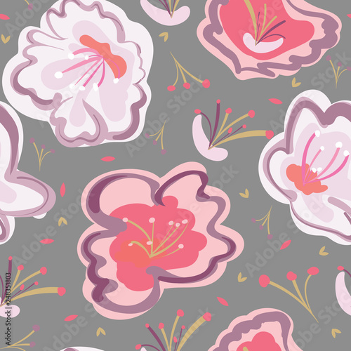 Large cherry blossoms in a bold color palette create a dynamic seamless pattern design. Repeat vector design, great for fashion, textiles, home decor, wallpaper, and stationery items.