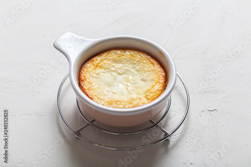 Freshly baked homemade cottage cheese casserole in a Cup