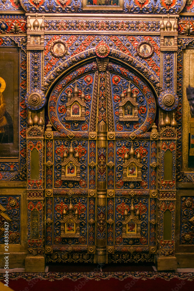 decorations and ornaments on the inner walls of St. Basil's Cathedral, the world-famous Orthodox Church on red square, a Museum where it is allowed to photograph