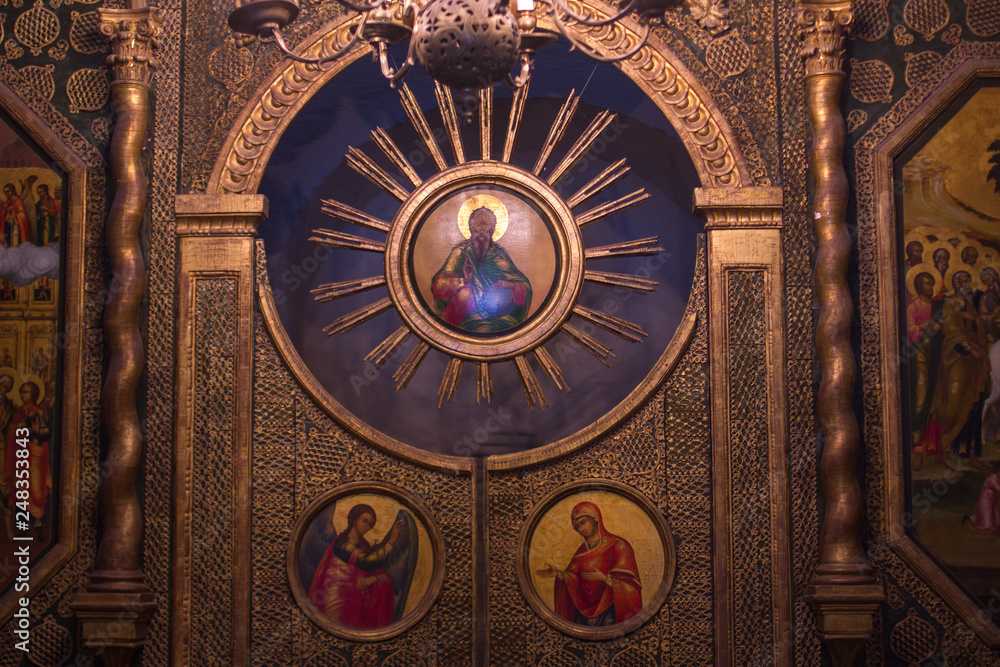 Moscow, 07/02/2019: icon and ornaments on the inner walls of St. Basil's Cathedral, the world-famous Orthodox Church on red square, a Museum where it is allowed to photograph