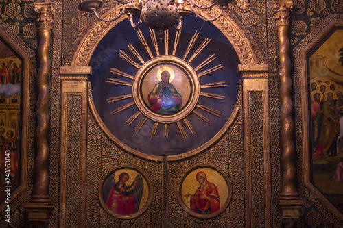 Moscow, 07/02/2019: icon and ornaments on the inner walls of St. Basil's Cathedral, the world-famous Orthodox Church on red square, a Museum where it is allowed to photograph