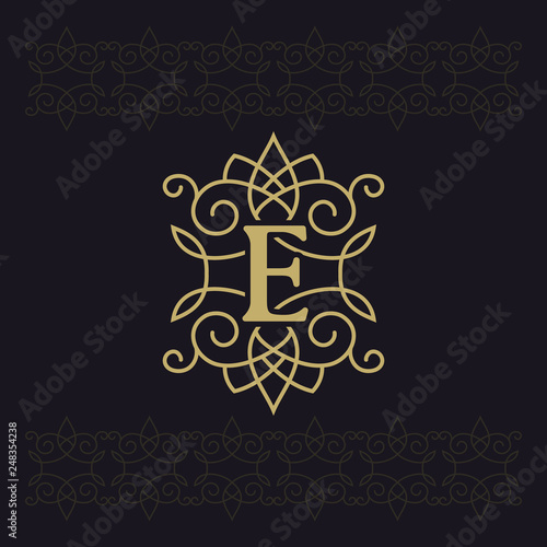 Capital letter E. Beautiful monogram. Elegant logo. Calligraphic design. Luxury emblem. Vintage ornament. Simple graphics style. Flourishes boutique brand on black background. Vector illustration