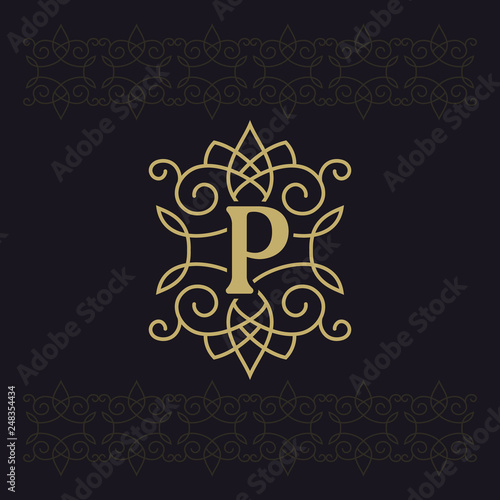 Capital letter P. Beautiful monogram. Elegant logo. Calligraphic design. Luxury emblem. Vintage ornament. Simple graphics style. Flourishes boutique brand on black background. Vector illustration