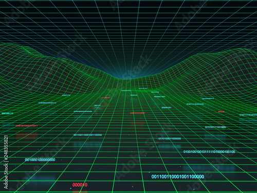 Virtual digital landscape with flowing numbers and particles. High technology concept, 3D render.