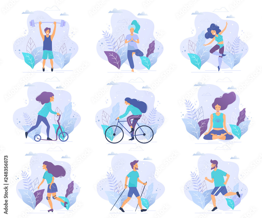 Fototapeta premium Healthy lifestyle. Different physical activities: running, roller skates, bodybuilding, yoga, fitness, scooter, nordic walking. Flat vector illustration.