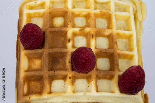 Waffles with raspberries, closeup, background, copyspace