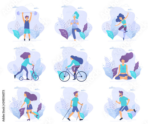 Healthy lifestyle. Different physical activities: running, roller skates, bodybuilding, yoga, fitness, scooter, nordic walking. Flat vector illustration.
